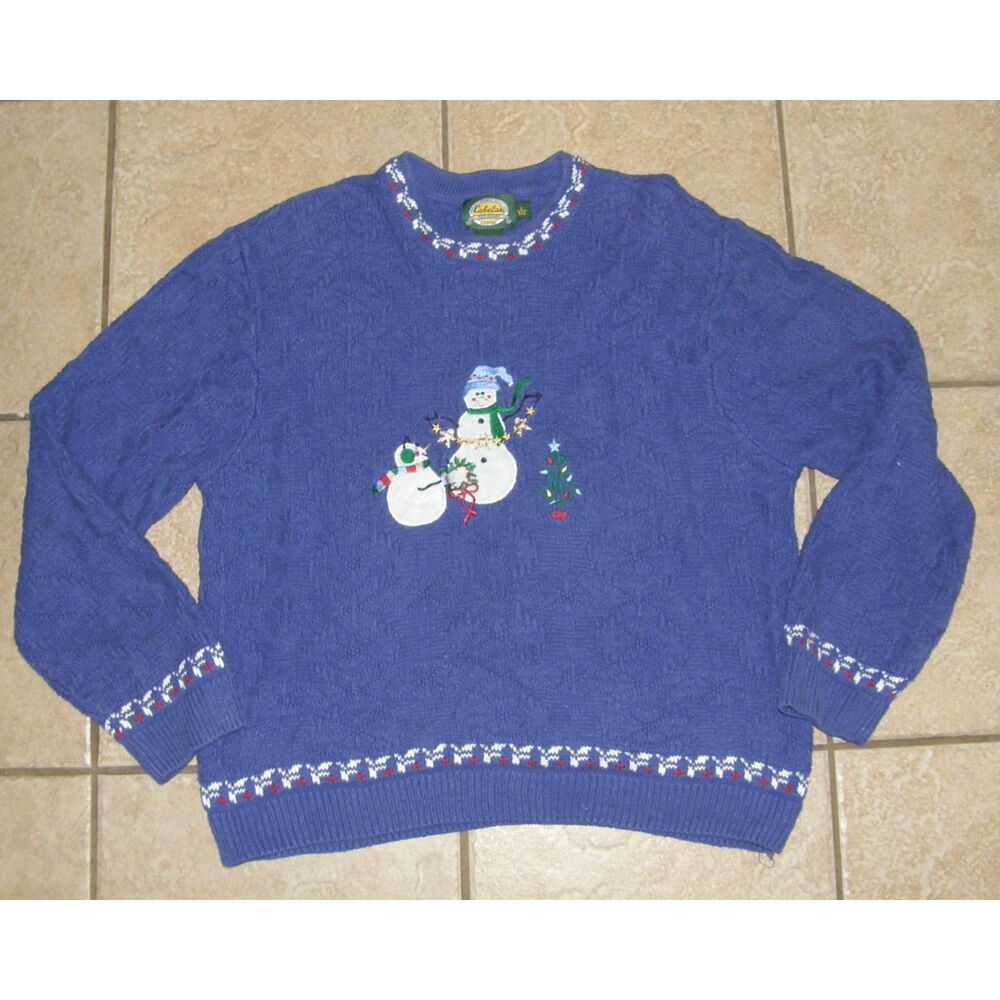Blue Sz Large Embroidered Snowman Holiday Crew Neck Cotton Sweater CABELAS